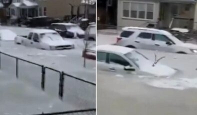 Detroit’te yüzyıllık su borusu patladı, araçlar donan suyun içinde kaldı